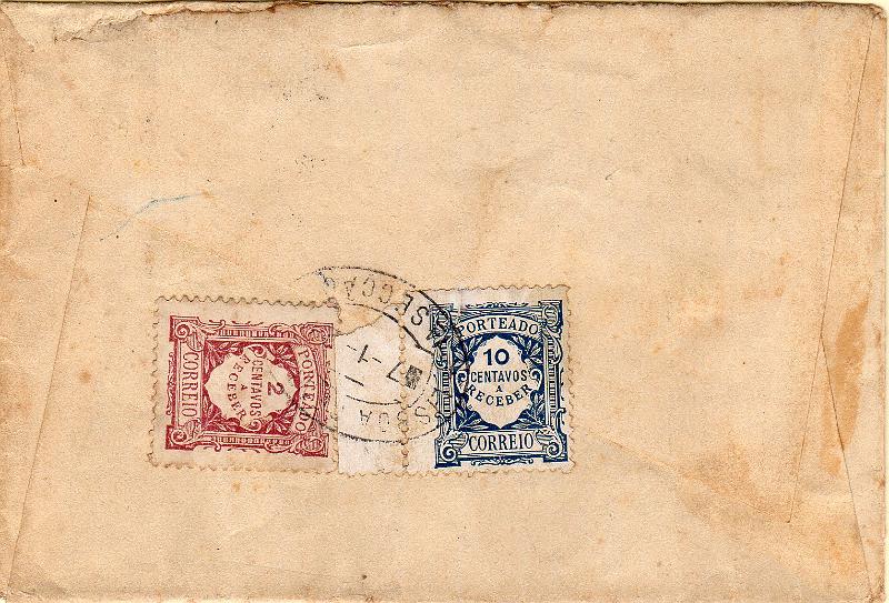 0035 v.jpg -     Lote:    35 (verso)      J. M. Castanheira da Silveira             Descrição:         1915 &mdash; Porteado. Emissão regular. Valor em centavos. Sobrescrito circulado do Porto (06.01.21) para Lisboa (07.01.21) com selo de 4c tipo Ceres CE226. Sendo o porte das cartas de 10c foi porteado com o dobro do porte em falta com selos de 2c e 10c CE POR 23 e 27.        Carta       Valor Base:     &euro; 20,00     Valor Venda:     &euro;      